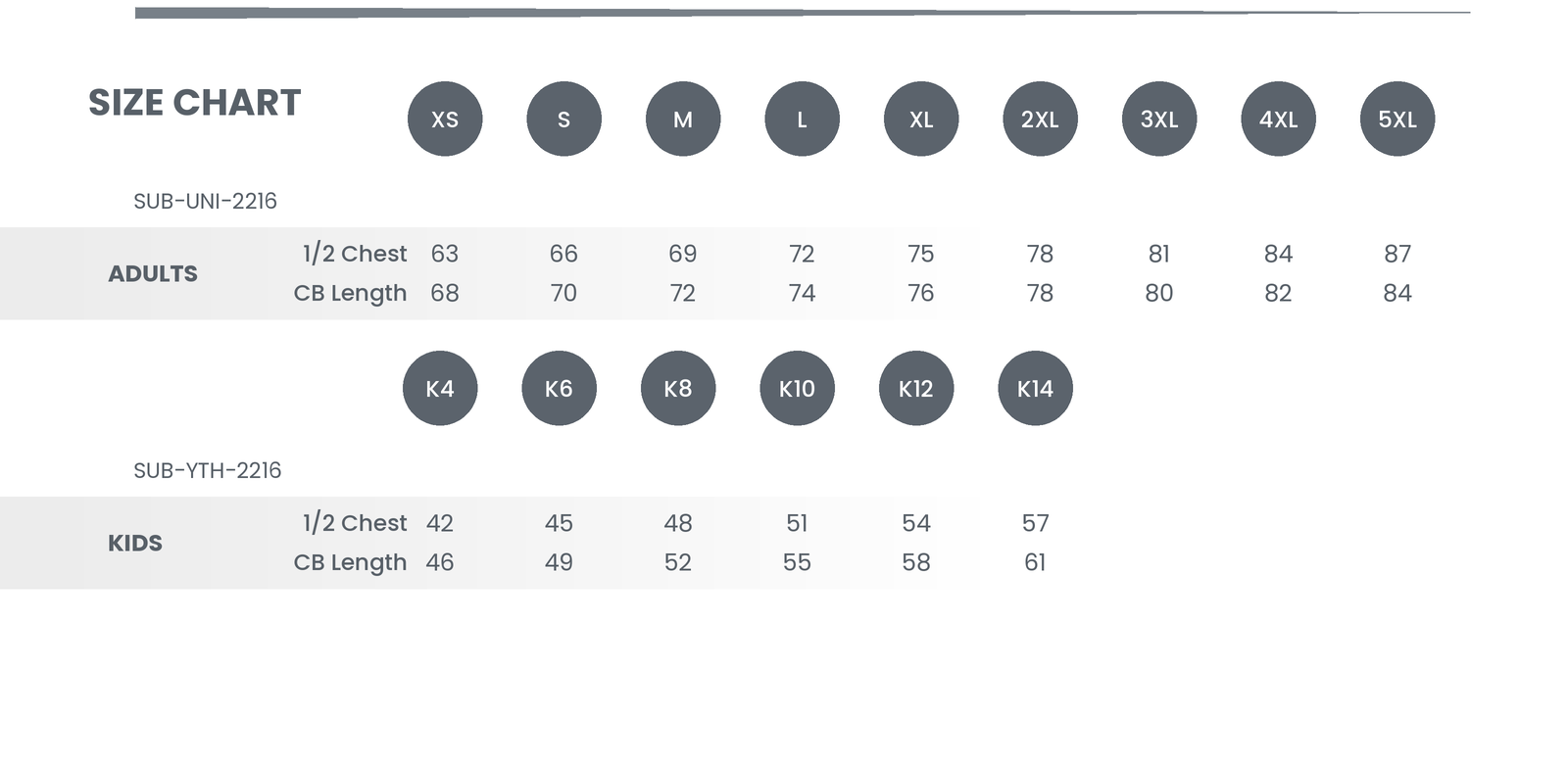 Sublimated Icon Jacket size chart